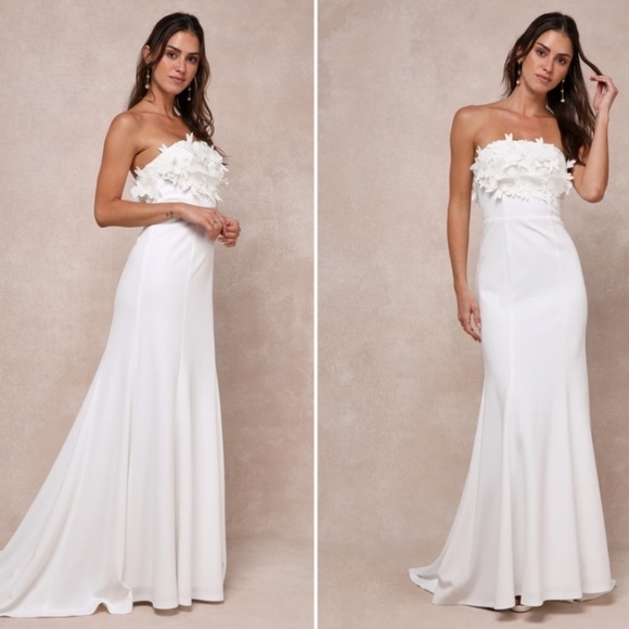 LULU's Bridal Wedding Garden Floral Elegant Strapless Bustier Maxi Gown LULU's Bridal Wedding Garden Floral Elegant Strapless Bustier Maxi Gown
